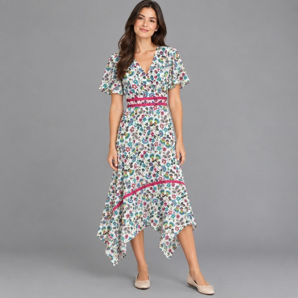 Boden Dress Womens Size 16 Bright Floral Handkerchief Hem Empire Waist 16R